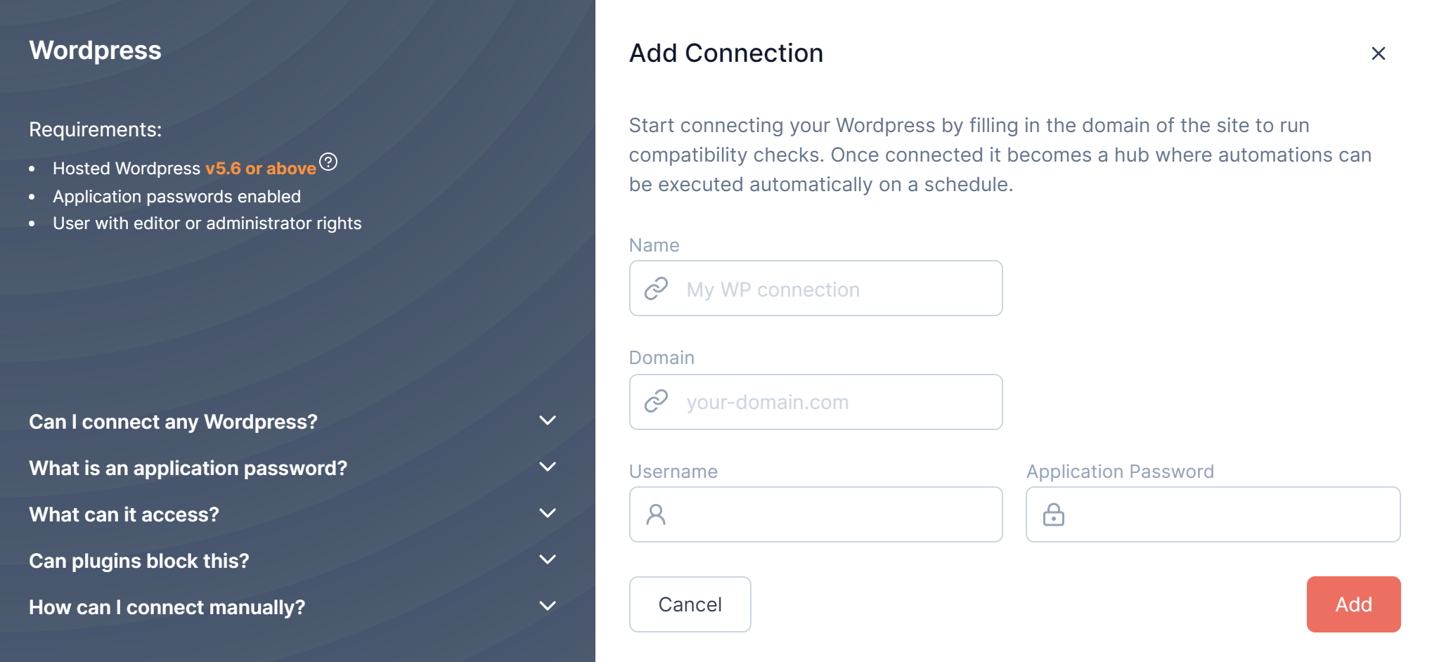 wordpress connection interface